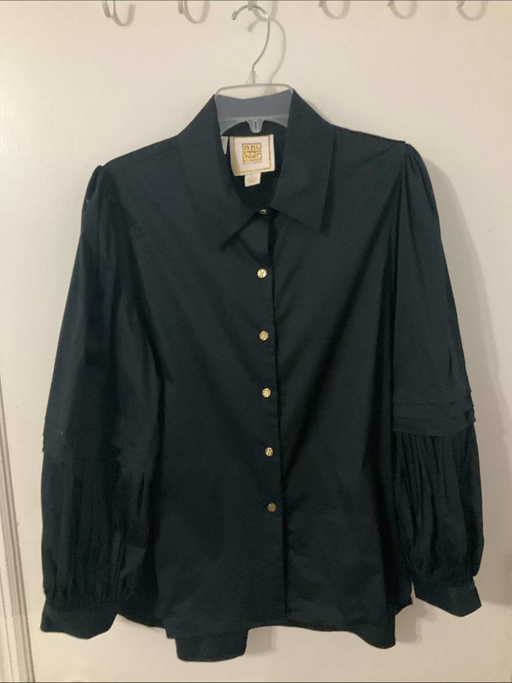 Emily McCarthy Oxford Pleated Balloon Sleeve Noir/Black Poplin Blouse SZ L